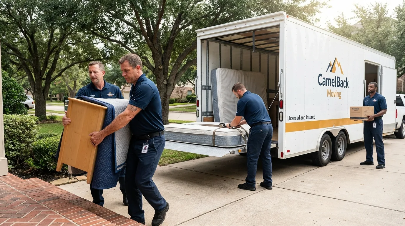 Crew loading residential truck for cross-state move from Hoxie, AR