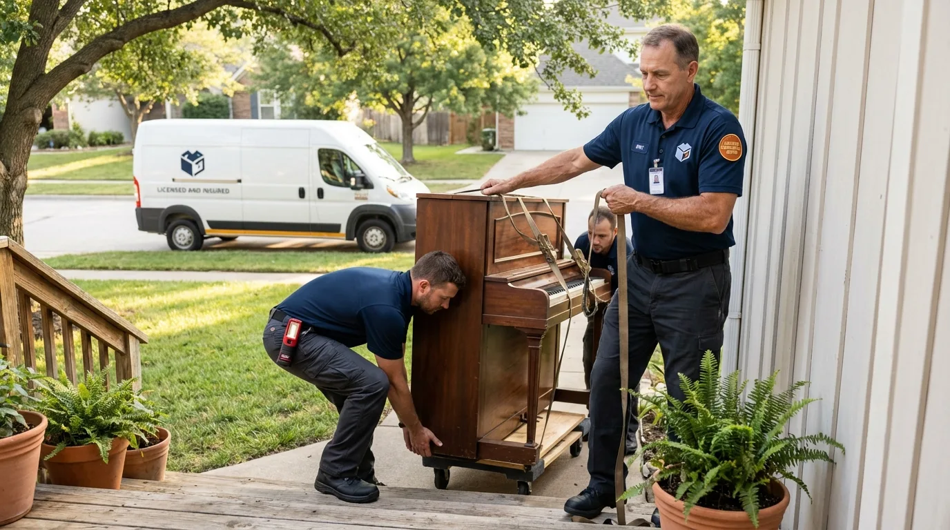 Licensed piano movers securing grand piano in Hoxie, AR