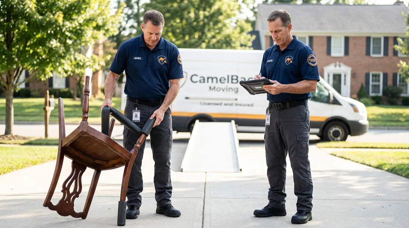 Movers inspecting furniture for damage prevention before loading in Hoxie, AR
