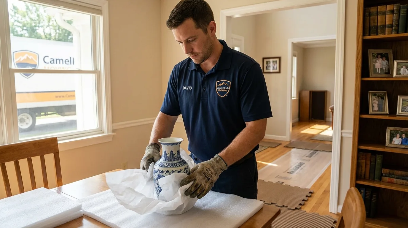 Professional crew carefully wrapping antique vase for senior downsizing move in Hoxie, AR